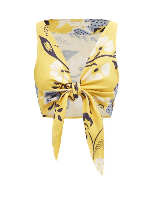 Cala De La Cruz - Lola Tie-front Floral-print Top Yellow Print