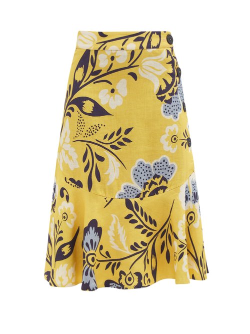 Cala De La Cruz - Vivian Floral-print Linen Midi Skirt Yellow Print Beachwear