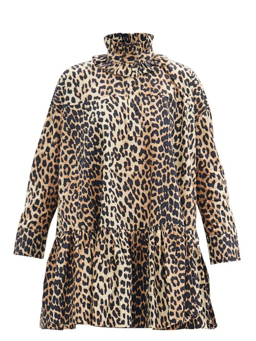 Ganni – Ruffle-neck Leopard-print Organic-cotton Dress Leopard