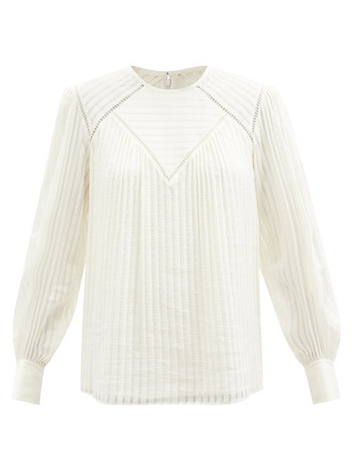 Chloé - Bar-embroidered Striped-voile Top Cream