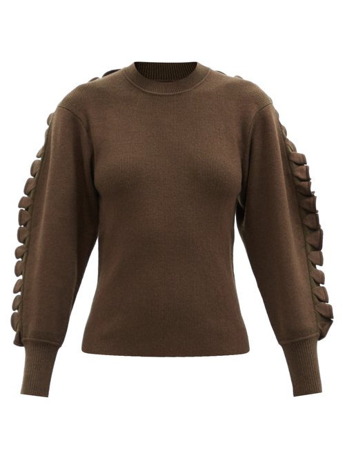 Chloé - Ruffle-trimmed Merino Wool-blend Sweater Khaki