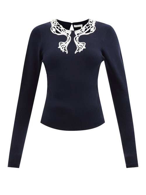 Chloé - Guipure Lace-insert Rib-knitted Sweater Blue
