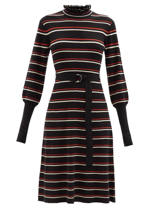 Chloé - Ruffle-neck Striped Wool-blend Jersey Dress Multi