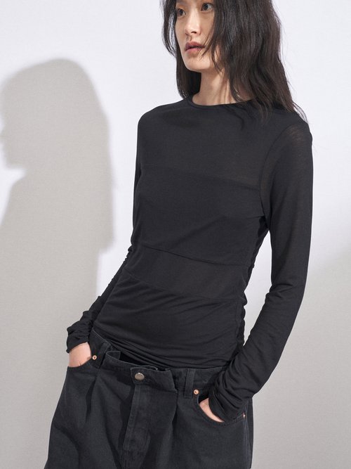 Raey - Double-panel Long-sleeved Sheer T-shirt Black