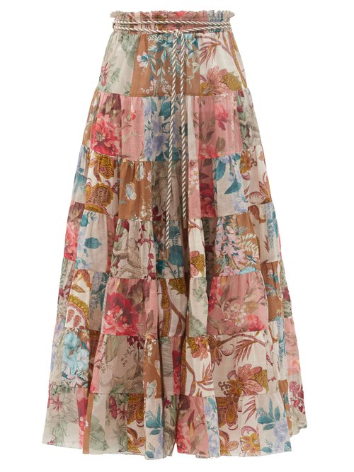 Zimmermann - Cassia Patchwork-floral Cotton Midi Skirt Multi Beachwear