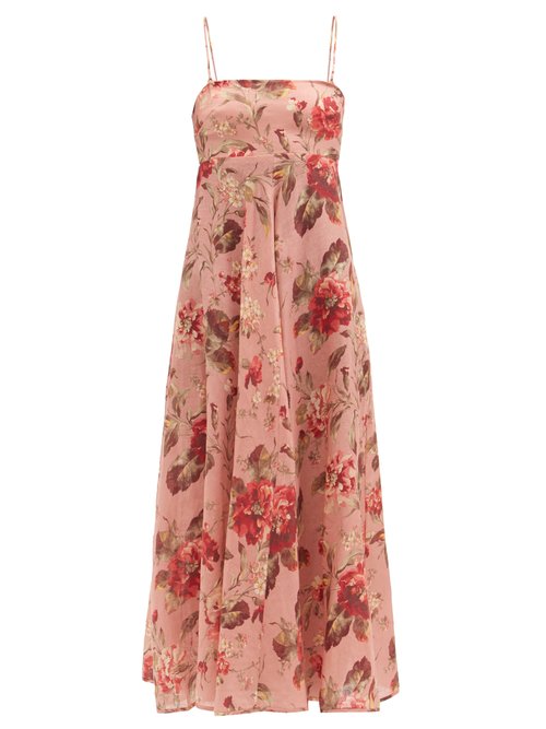 Buy Zimmermann - Cassia Musk Floral-print Linen Midi Dress Pink Print online - shop best Zimmermann clothing sales