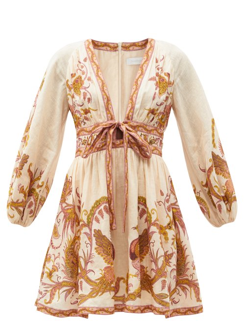 Zimmermann - Cassia Bow-embellished Floral-print Mini Dress Cream Print