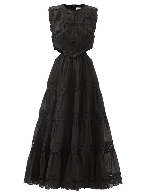Zimmermann - Cassia Cutout Ramie-blend Midi Dress Black
