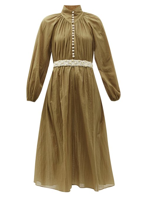 Zimmermann – Cassia Belted Cotton-voile Midi Dress Khaki