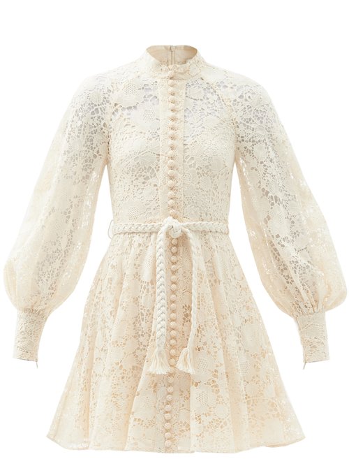 Zimmermann - Cassia Macramé-lace Belted Cotton Mini Dress Ivory