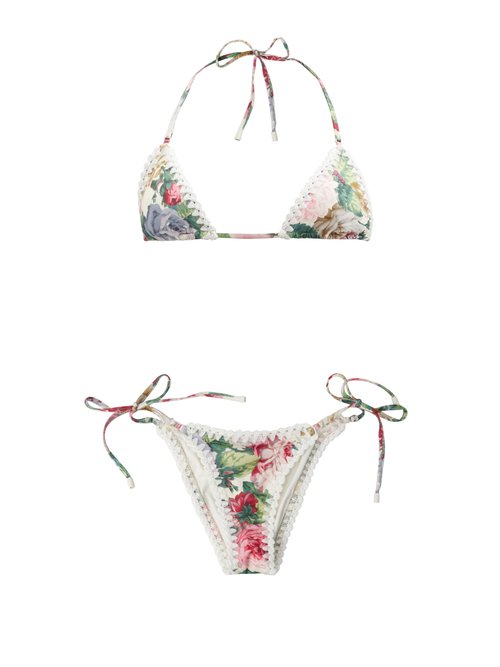 Zimmermann - Mae Crochet-trimmed Floral-print Triangle Bikini Pink Multi Beachwear
