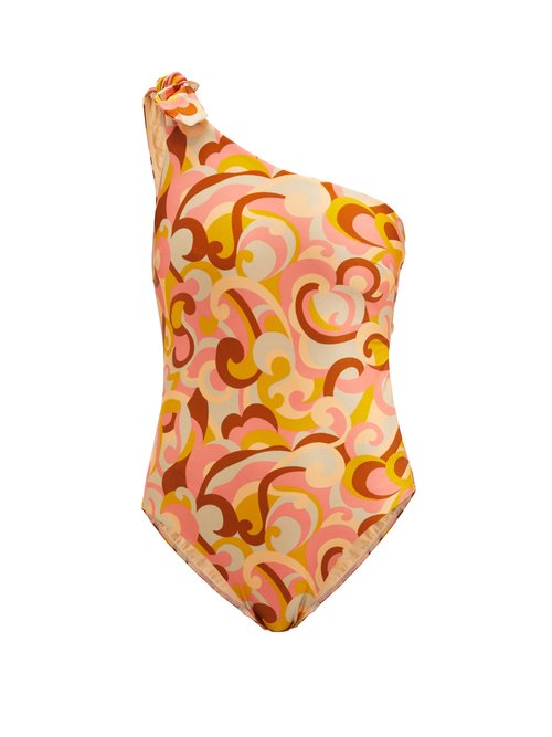 Zimmermann - Mae One-shoulder Swirl-print Swimsuit Orange Print Beachwear