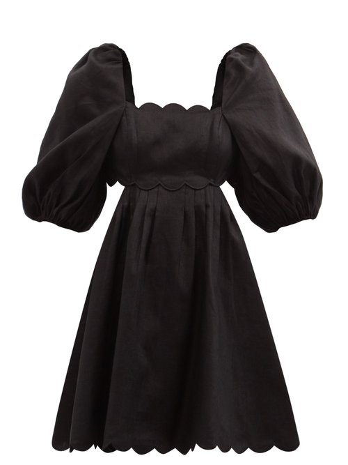 Zimmermann - Mae Scalloped Cutout Linen Mini Dress Black