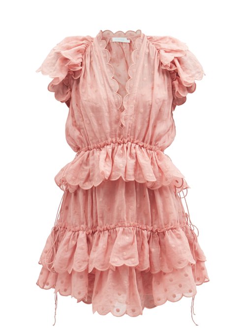 Zimmermann – Mae Ruffled Dot-embroidered Ramie-voile Mini Dress Light Pink