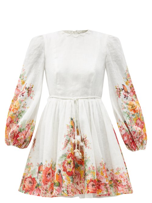 Zimmermann – Mae Belted Floral-print Linen-voile Mini Dress White Print