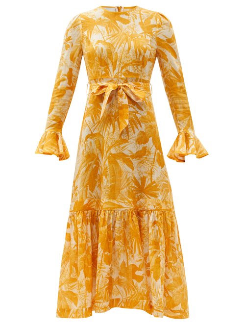 Zimmermann - Mae Peplum-hem Palm-print Linen-voile Dress Yellow