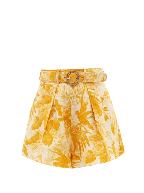 Zimmermann - Mae Belted Palm-print Linen-voile Shorts Yellow Beachwear