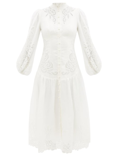 Zimmermann – Mae Lace-appliqué Ramie-blend Midi Dress Ivory