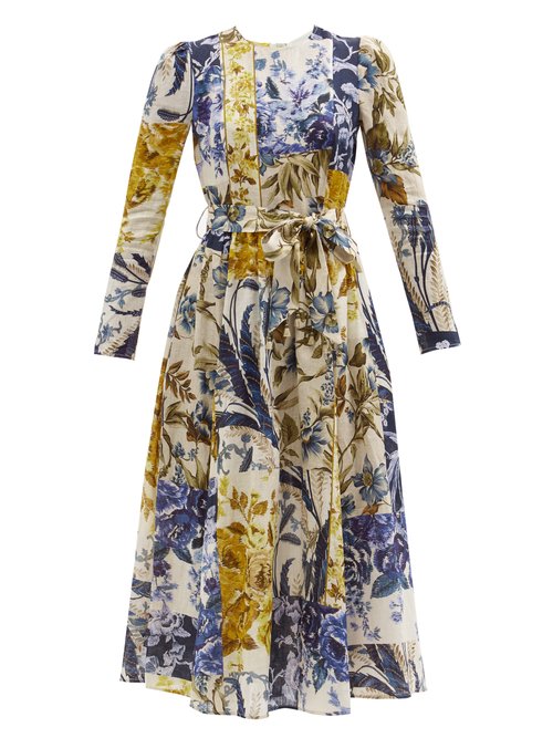 Zimmermann - Aliane Patchwork Floral-print Linen Midi Dress Blue
