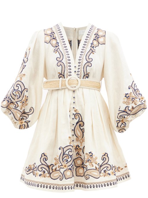 Buy Zimmermann - Aliane Paisley-embroidered Linen-canvas Minidress Yellow White online - shop best Zimmermann clothing sales