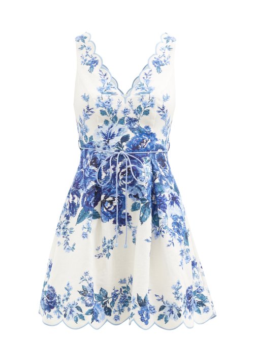 Zimmermann – Aliane Scalloped Floral-print Linen Mini Dress Blue White