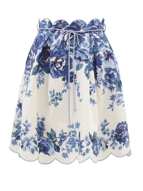 Zimmermann - Aliane High-rise Floral-print Linen-voile Skirt Blue White Beachwear