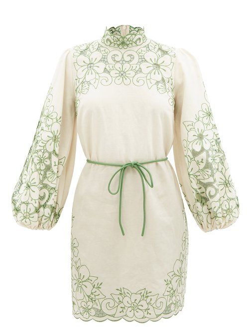 Zimmermann - Teddy Floral-embroidered Linen-blend Mini Dress Green