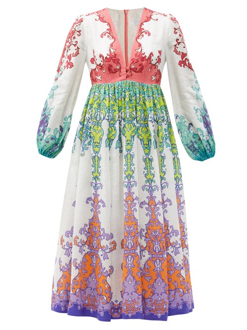 Zimmermann - Nina V-neck Floral-print Linen Midi Dress Multi