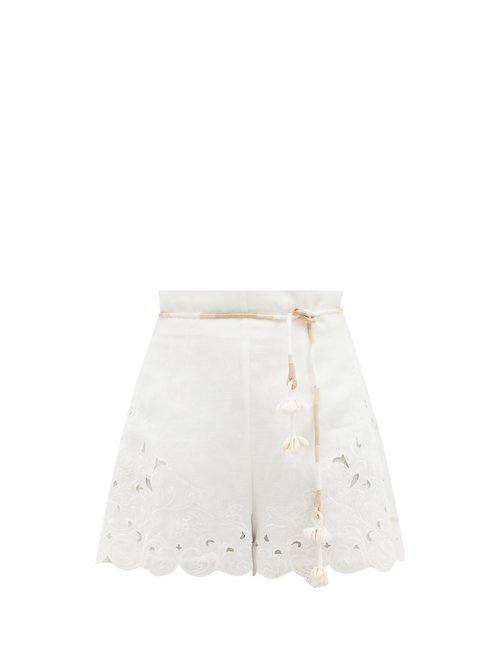 Zimmermann - Nina Tasselled Broderie-anglaise Linen Shorts Ivory Beachwear