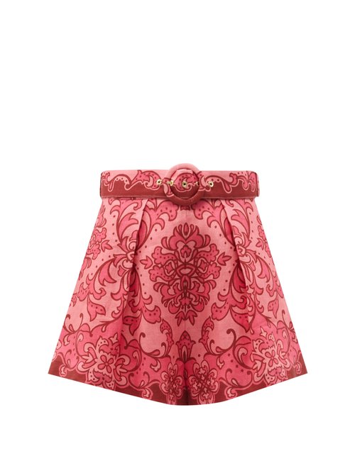 Zimmermann - Nina Belted Baroque-print Linen Shorts Pink Print Beachwear