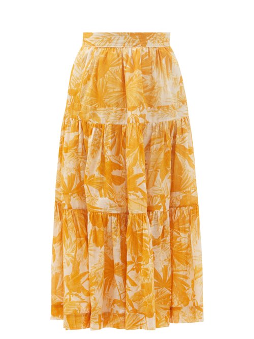 Zimmermann - Mae Palm-print Tiered Cotton Midi Skirt Yellow Print Beachwear