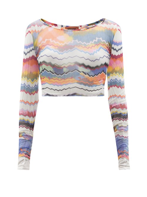Missoni Mare - Zigzag-print Cropped Mesh-jersey Top Blue