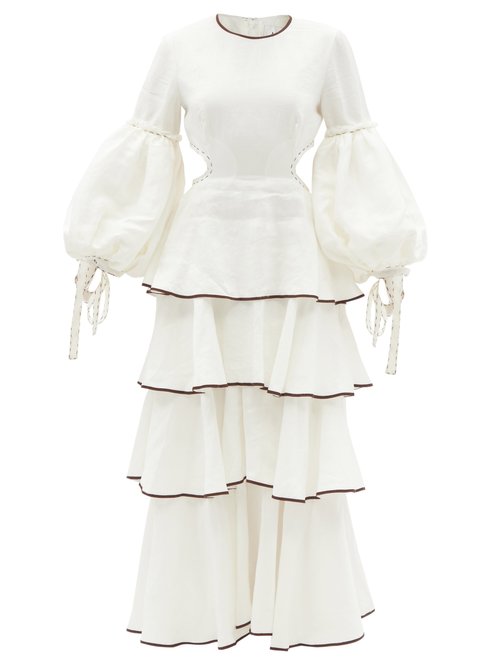Aje - Gracious Cutout Tiered Linen-blend Dress Ivory