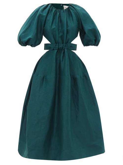 Buy Aje - Mimosa Puff-sleeve Linen-blend Midi Dress Emerald online - shop best Aje clothing sales