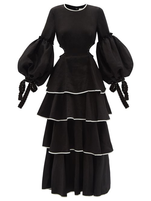 Buy Aje - Gracious Cutout Tiered Linen-blend Dress Black online - shop best Aje clothing sales