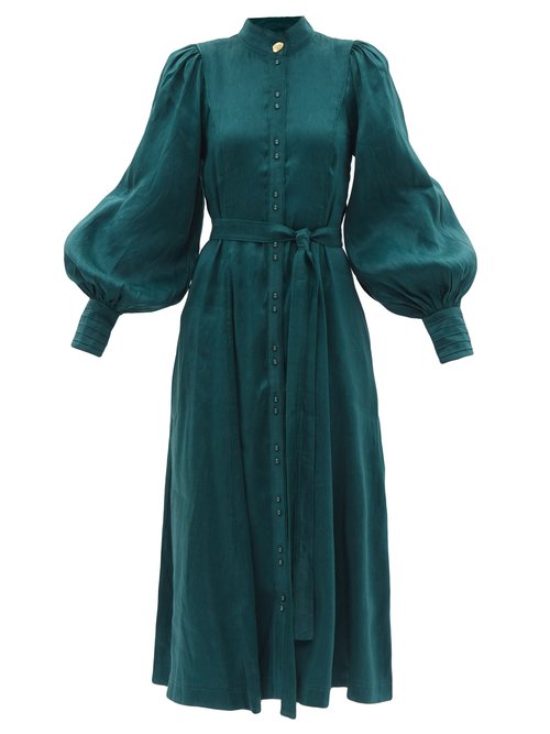 Aje - Gentle Lantern-sleeve Linen-blend Fil-a-fil Dress Emerald