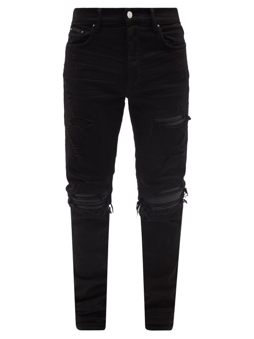 amiri - mx1 distressed leather-panelled slim-leg jeans mens black