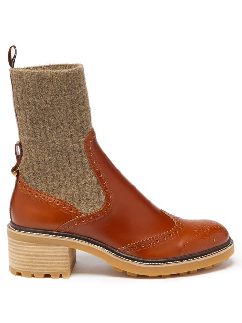 Chloé - Franne Block-heel Leather And Wool Boots Tan