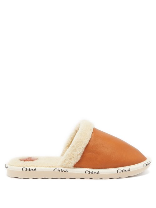 Chloé - Shearling-lined Leather Backless Loafers Tan
