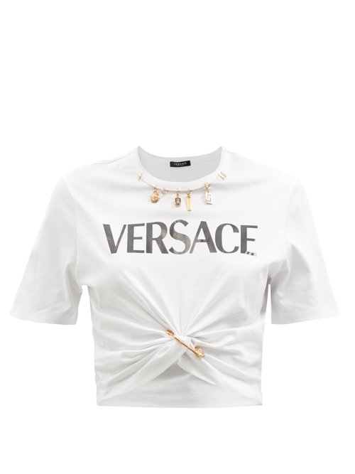 Versace - Charm-embellished Logo-print Cotton-jersey T-shirt White Black
