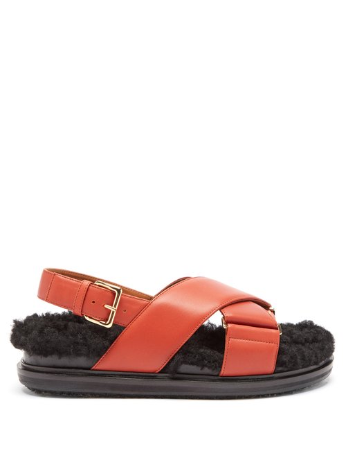 Marni - Fussbett Shearling And Leather Sandals Tan Multi