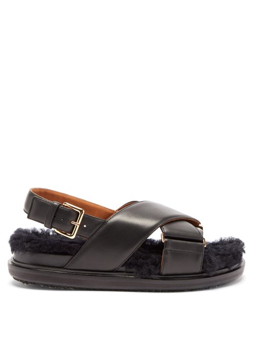Marni - Fussbett Shearling And Leather Sandals Black Multi