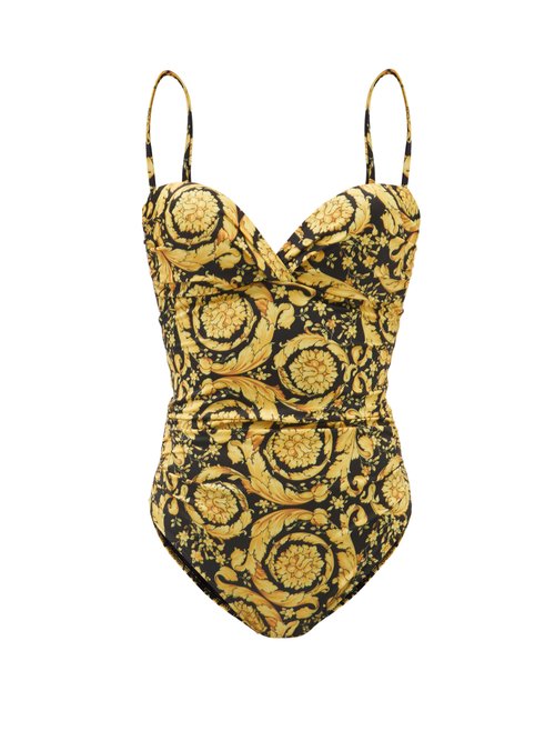 Versace - Baroque-print Sweetheart-neckline Swimsuit Yellow Multi Beachwear