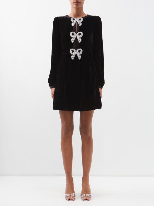 Saloni - Camille Crystal-bow Velvet Mini Dress Black