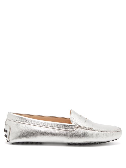 Tod's - Gommini Metallic Grained-leather Loafers Silver