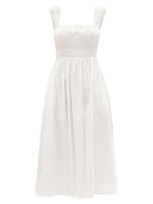 Staud – Ida Shirred Cotton-blend Poplin Midi Dress White