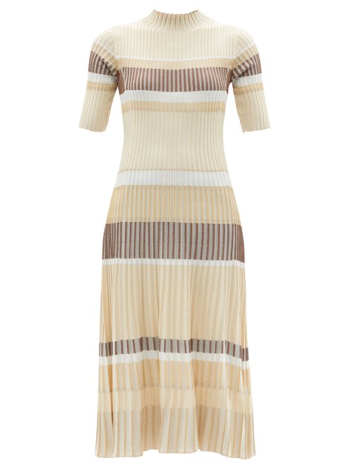 Proenza Schouler - High-neck Lurex-striped Midi Dress Beige