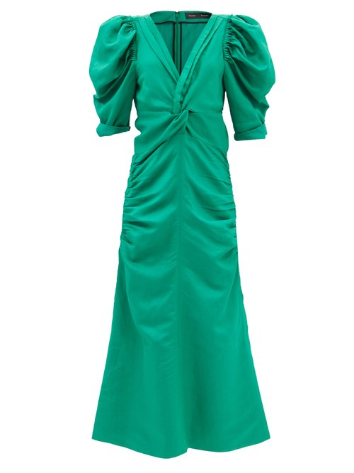 Buy Proenza Schouler - Shirred V-neck Twill Midi Dress Green online - shop best Proenza Schouler clothing sales
