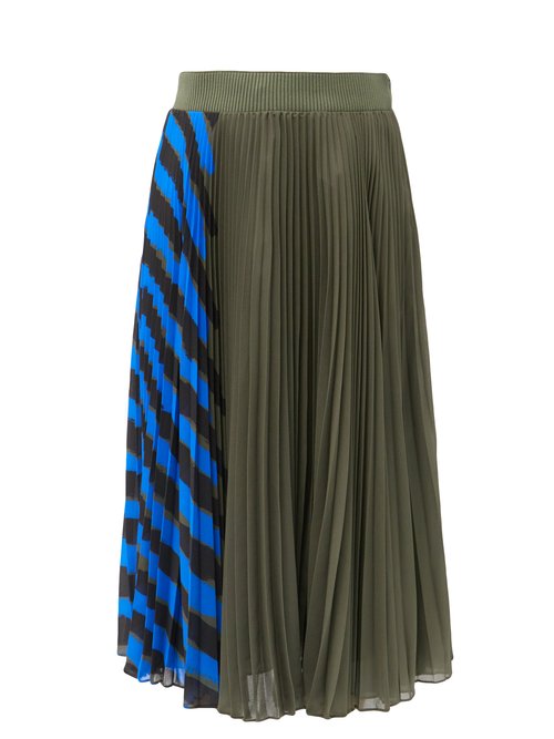 High-rise Pleated Striped Crepe Midi Skirt