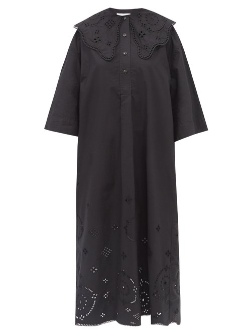 Ganni - Broderie-anglaise Organic-cotton Midi Dress Black